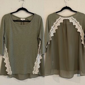 Umgee Women’s Long Sleeve Tunic Medium Green Stretch Cotton Classic Preppy